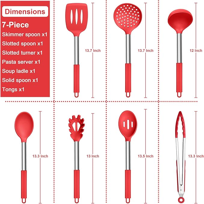 E-far Silicone Cooking Utensils Set, 7 Pcs Heat Resistant Kitchen Utensils with Stainless Steel Handle, Slotted Turner, Spoon, Soup Ladle, Pasta Server, Skimmer, Tongs for Nonstick Cookware, Red