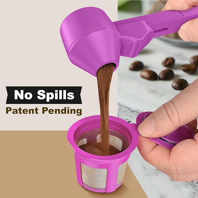 Coffee Scoop & Funnel for Reusable K Cup Refillable Coffee Pods, Coffee Measuring Spoon 2 Tablespoon Capacity, Scoop with Funnel for Ground Coffee, Protein Powder, Tea (Purple, 2 Pack)