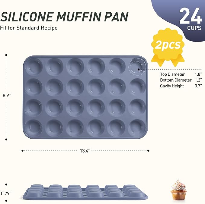 2 Pack 24 Cups Silicone Mini Muffin Pan with Metal Reinforced Frame Silicone Molds Cupcake Pans Tray Egg Bites Circle Cookie Molds Muffin Tin Tart Pans Baking Sheet Set for Breakfast Sandwiches