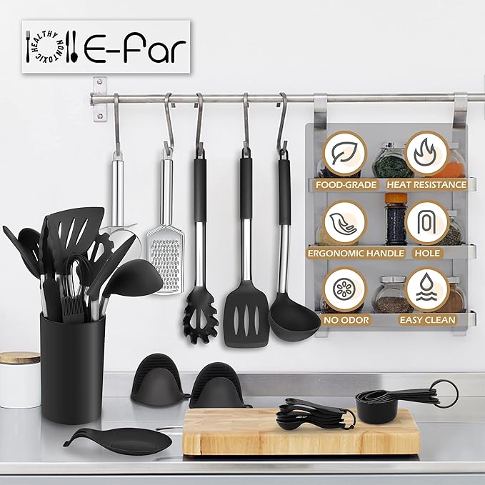 Silicone Kitchen Utensils Set, E-far 30-Piece Cooking Utensils Set with Holder, Heat Resistant Kitchen Spatulas Turner Tong Spoon Whisk Ladle for Nonstick Cookware, Stainless Steel Handle (Black)