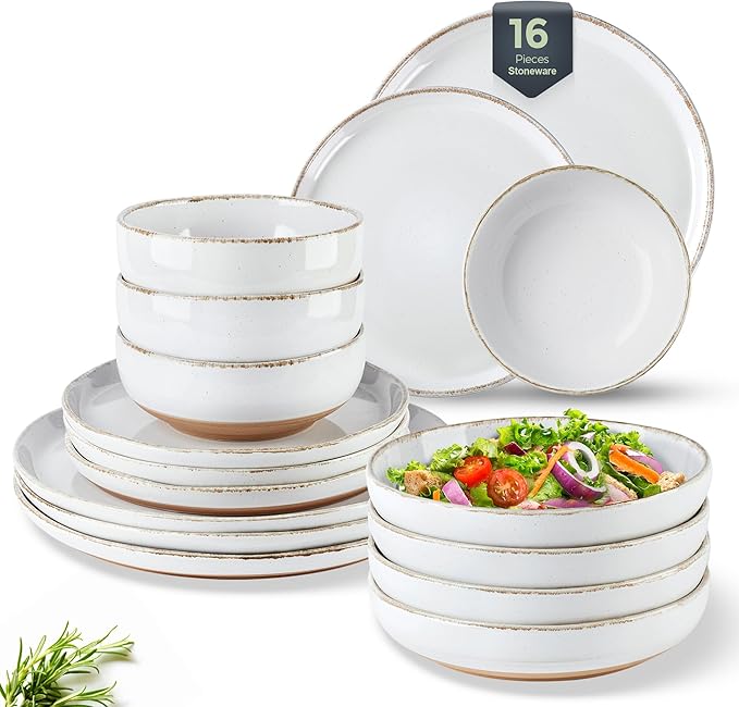 AmorArc Ceramic Dinnerware Sets with Pasta Bowls for 4, Handpainted Plates and Bowls Set with Rustic Terracotta Underside, Scratch Resistant Dishes Set, Dishwasher & Microwave Safe, 16 Pcs-White
