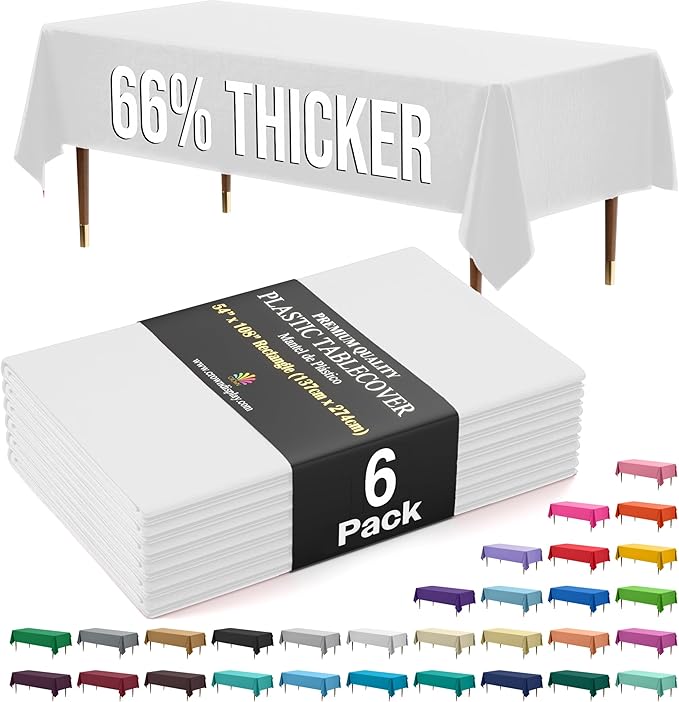 Party Solids 66% Thicker Premium Plastic Table Cloth Rectangle Table Cover 0.5 Mil 6 Pack White Table Cloth 54 Inch x 108 Inch Disposable Tablecloth Won't Tear Easily Like Cheap Thin Brands