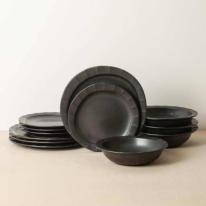 Stone Lain Oasis 12-Piece Dinnerware Set Stoneware, Dishwasher and Microwave Safe Plates and Bowls Set, Dish Set for 4, Black