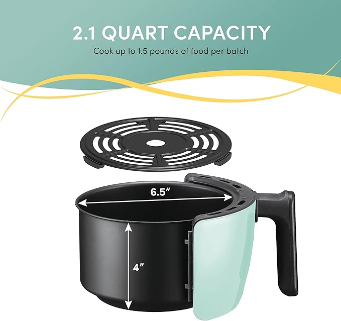 Elite Gourmet EAF0201BLX Personal Compact Space Saving Electric Hot Air Fryer Oil-Less Healthy Cooker, Timer & Temperature Controls, 1000W, 2.1 Quart, Mint
