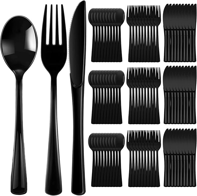Minatee 150 Pieces Disposable Cutlery Set Plastic Silverware Heavy Duty Utensil Sets 50 Forks 50 Knives 50 Spoons for Home Office School Party Picnics Restaurant Outdoor Events(Black)