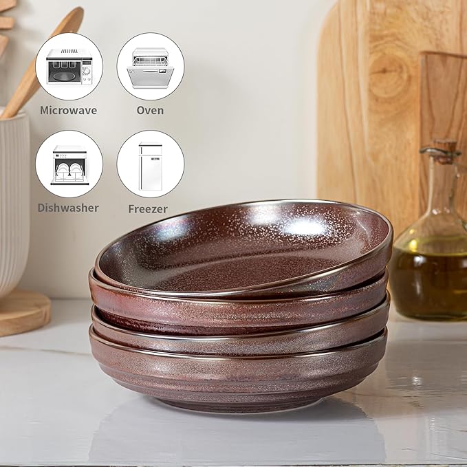 HAPPY KIT 9'' Large Pasta Bowls Set of 4, 42 Oz, Stoneware Reactive Glaze Salad Bowls, Ceramic Serving Bowls for Fruit,Soup,Noodle, Dinner, Scratch Resistant, Dusty Rose