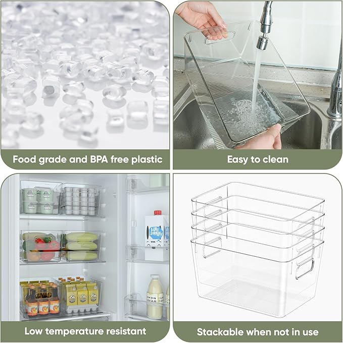 BALEINE Clear Plastic Storage Bins, Pantry Organization, BPA Free Stackable Refrigerator Organizers and Storage with Handles for Kitchen Fridge Cabinet Bathroom (6PK, 13x7.4x6.2)