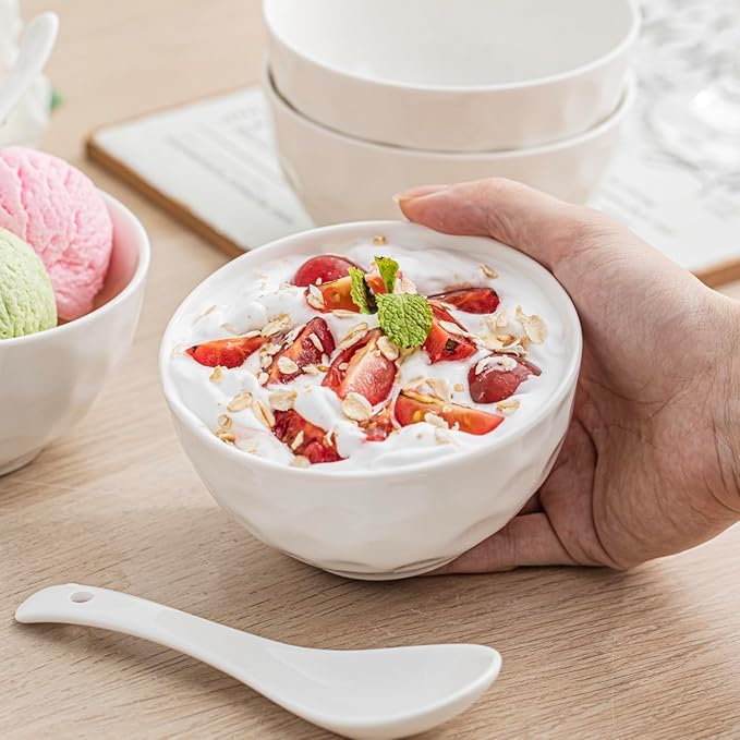 Porcelain Soup Bowls, 4.5 Inch Ice Cream Bowl, Kitchen Bowl Set, Fruit Bowls, Microwave and Dishwasher Safe, Set of 6