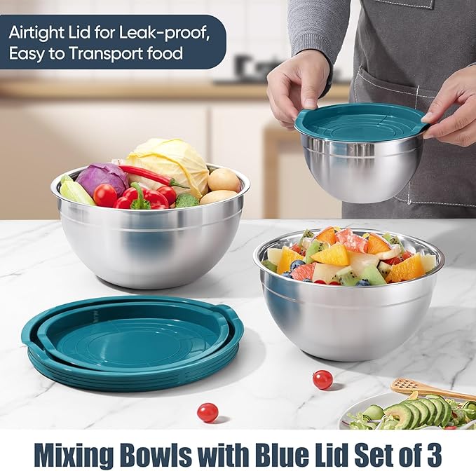 P&P CHEF Blue Mixing Bowls with Lids, Set of 3, Stainless Steel Salad Nesting Bowl for Mixing, Storing, Prepping, Airtight & Stackable, Size 4.6/3 /1.5 QT
