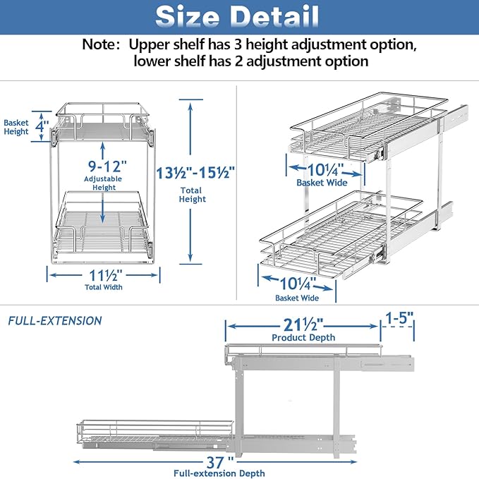 LOVMOR 2 Tier Individual Pull Out Cabinet Organizer 11½" W x 21½" D, Slide Out Kitchen Cabinet Storage Sliding Shelves
