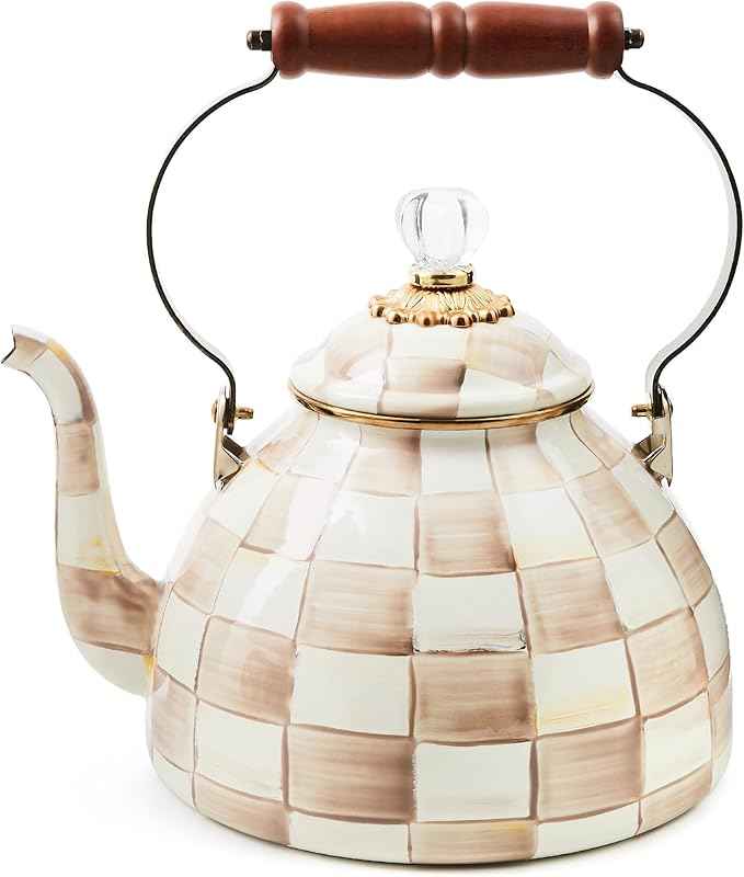 MACKENZIE-CHILDS Enamel Tea Kettle, Stylish Tea Kettle for Stovetop, Brown-and-White Mocha Check, 3 Quarts