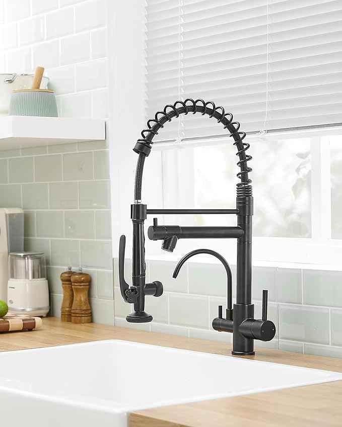 Fapully Commercial 3 Way Kitchen Faucets with Pull Down Sprayer and Water Filler,3 in 1 Kitchen Sink Faucet with Drinking Water Faucet Matte Black
