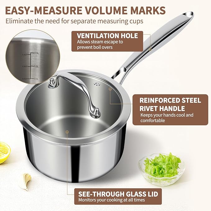 EWFEN 3 Ply Stainless Steel Sauce Pan Set with Lids, 1 & 2 & 3 Quart Multipurpose Cooking Pot, Stay-Cool Handle, Induction Oven Dishwasher Safe, 1QT & 2QT & 3QT