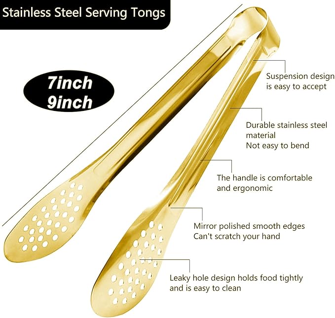 4 Pack Buffet Tongs,Stainless Steel Serving Tongs Serving Utensils Gold(7Inch,9.1Inch)