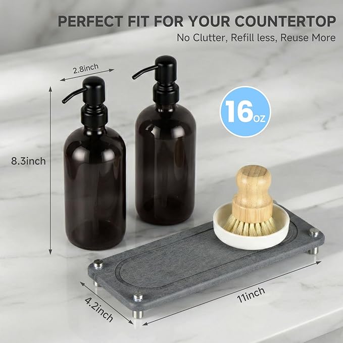 2 Pack Kitchen Soap Dispenser Set - 16oz Black Glass Dish and Hand Soap Dispenser with Stainless Steel Pump, Instant Dry Tray, Dish Brush & Holder, Refillable Countertop Sink Decor for Kitchen & Bath