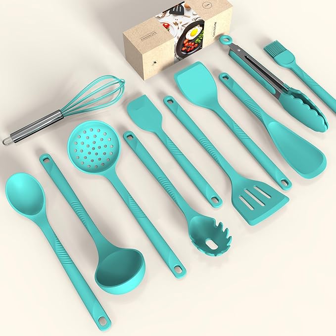 Silicone Cooking Utensils Set - 600°F Heat Resistant, Nonstick Kitchen Utensil Set with Spatulas, Spoons, Whisk, Tongs, BPA Free, Dishwasher Safe (Teal)