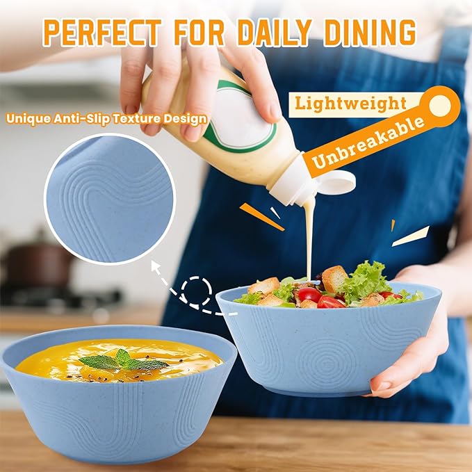 Homienly Alternatives Plastic Bowls - Cereal Bowls 36oz, Wheat Starw Bowl Set of 6, Microwave and Dishwasher Safe Bowls,Soup Bowl Sets for Kitchen,Serving Soup,Salad (Sky Blue)