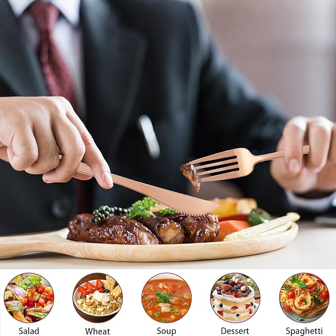 PULOTE 300PCS Rose Gold Plastic Silverware Set - Heavy Duty Rose Gold Utensils Set - Plastic Cutlery Disposable - Include 100 Knives,100 Forks and 100 Spoons for Party & Wedding