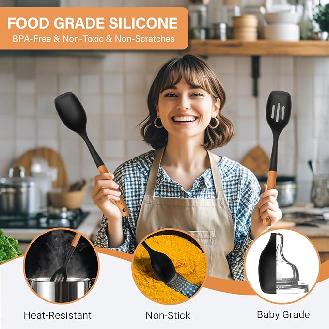 Large Silicone Cooking Spoon Set, 2 Pack Solid Slotted Spoon with Wooden Handle, Nonstick Silicone Kitchen Spoons for Cooking, Heat Resistan Spatula Set for Serving, Basting, Mixing (Black)