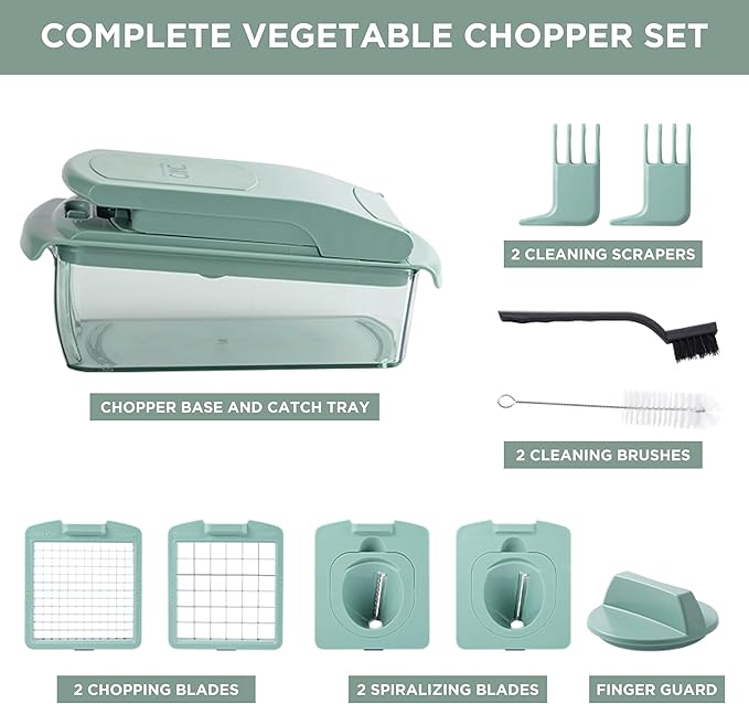 ook with Color Vegetable Chopper - Multifunctional 11 in 1 Vegetable Chopper with Container - Food Chopper to Dice, Chop, Slice, Julienne and Spiralize, Sage