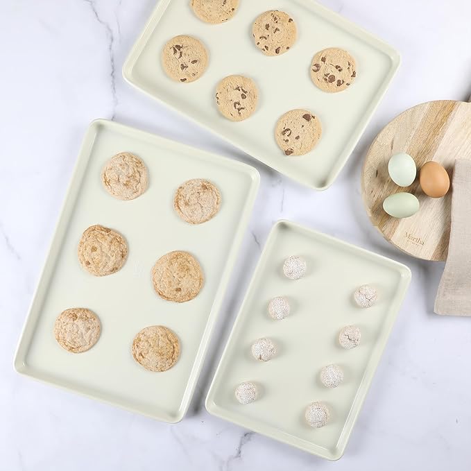 Martha Stewart Gallen 3-Piece Cookie Sheet Set – 13", 15", 17" Baking Pans, Ceramic Nonstick, PFA-Free, Carbon Steel – Oven Safe to 450°F, Warp-Resistant, Easy to Clean - Linen White