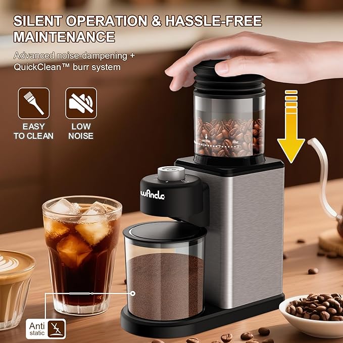 Wancle Conical Burr Coffee Grinder, Coffee Bean Grinder with Adjustable Grind Settings for Espresso, Drip & French Press, Low Noise & Anti-static with Powder Blower, Stainless Steel Burr