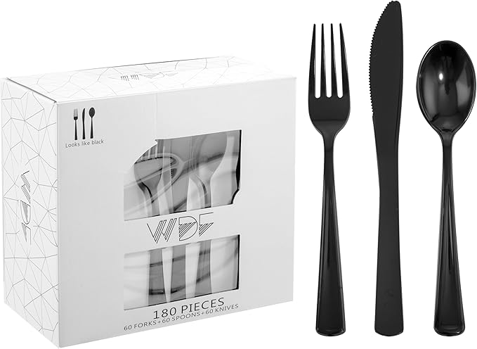 WDF 180 Pieces Black Plastic Silverware - Plastic Silverware Set Include 60 Forks, 60 Knives, 60 Spoons - Heavy Duty Black Disposable Cutlery - Disposable Utensils for New Year, Wedding