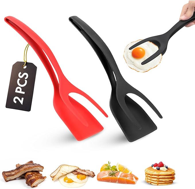 Egg Flipper Spatula Tongs (Set of 2) – Non-Stick 2-in-1 Grip & Flip Kitchen Tongs for Pancakes, Fish, Eggs, and More – Heat Resistant Cooking Tool (Black + Red)