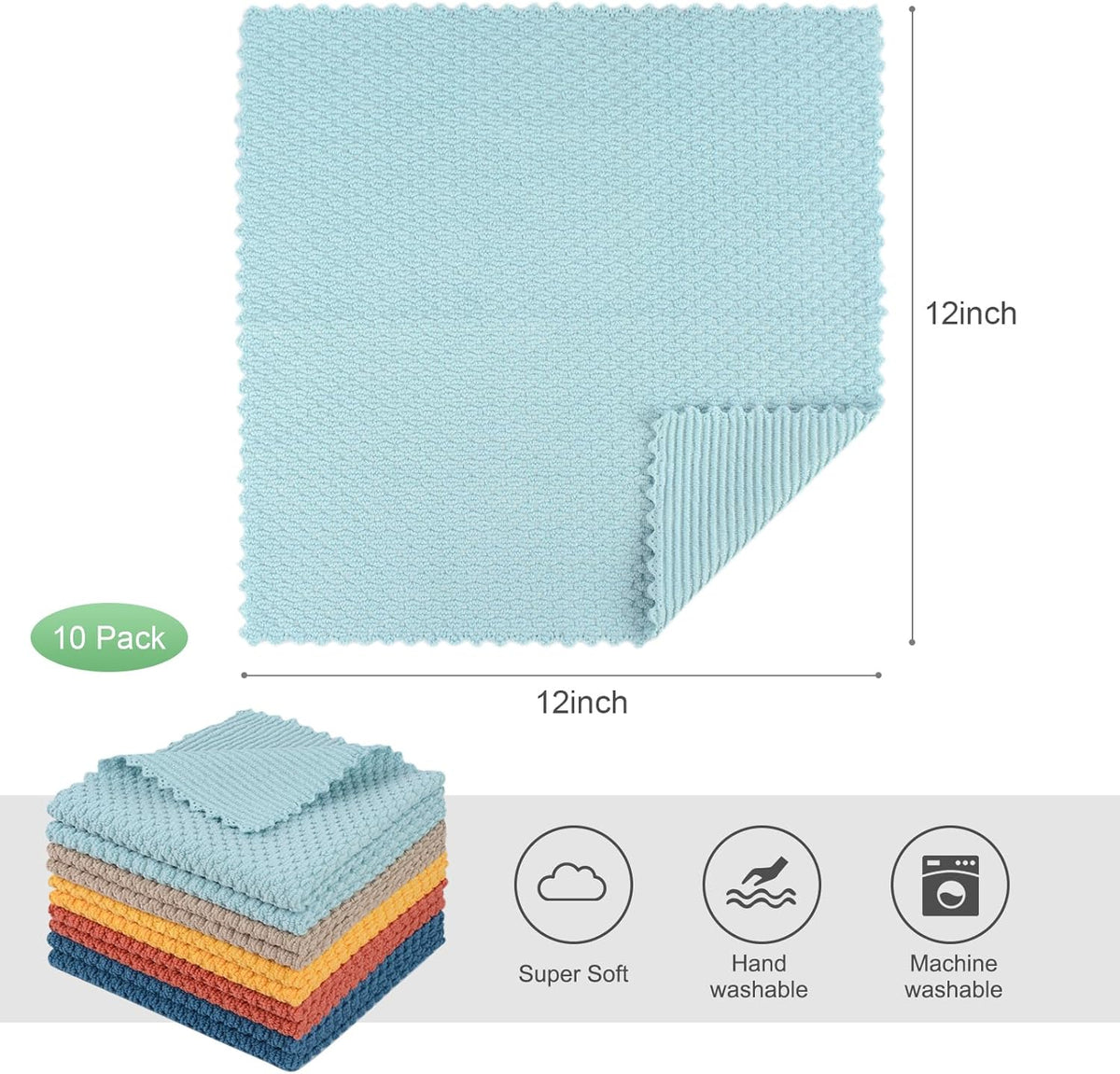 SINLAND Microfiber Dish Cloth for Washing Dishes Rags Best Kitchen Washcloth Cleaning Cloths with Poly Scour Side Popcorn Texture 5 Color Assorted 12Inchx12Inch 10 Pack