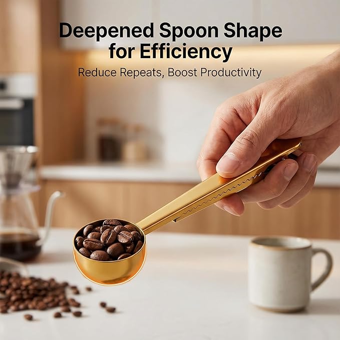 Li&Zhao Stainless Steel Coffee Scoop with Clip - Coffee Scoop for Ground Coffee, Precision Coffee Measuring Scoop, Tablespoon Stainless Steel Scoop for Coffee, Tea, Protein Powder (Gold)