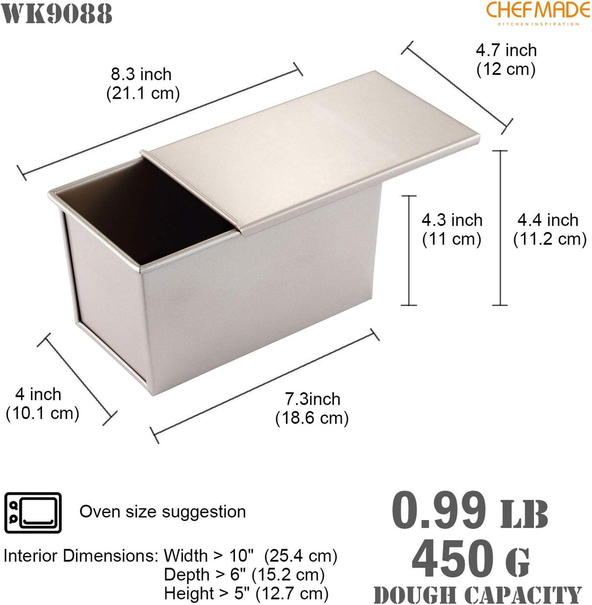 CHEFMADE Pullman Loaf Pan with Lid, 1Lb Dough Capacity Non-Stick Rectangle Flat Toast Box for Oven Baking 4.2" x 7.7"x 4.4"(Champagne Gold)