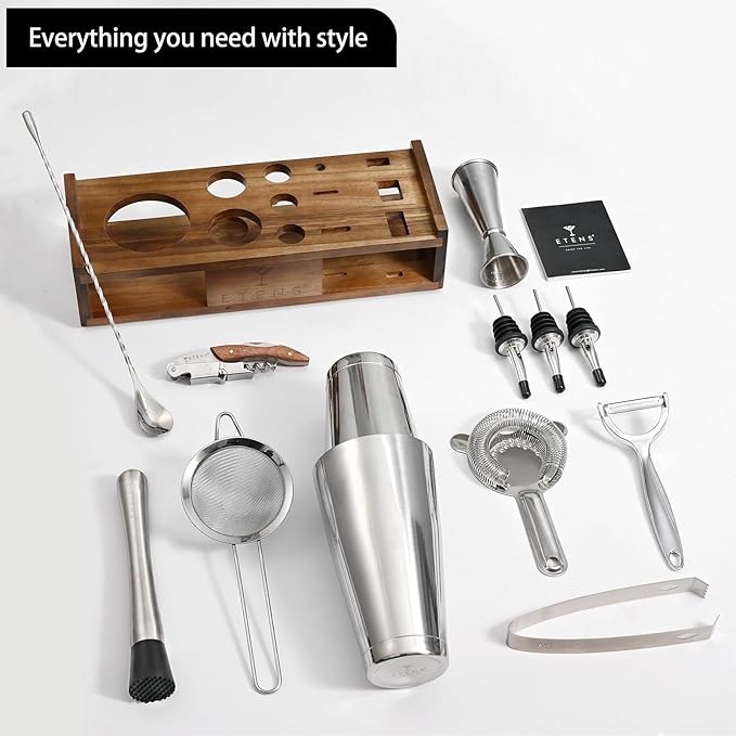 Premium 15-Piece Mixology Bartender Kit – Stainless Steel Cocktail Shaker Set with Wooden Stand | Professional Boston Shaker Bar Tool Set for Home & Expert Mixologists | Luxury Cocktail Making Gift