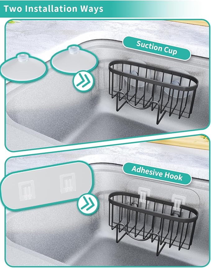 HapiRm Kitchen Sponge Holder for Sink - 2 Installation Methods Kitchen Sink Caddy Organizer with Unique M-Shaped, Rustproof Stainless Steel Sponge Caddy - Black（Large）
