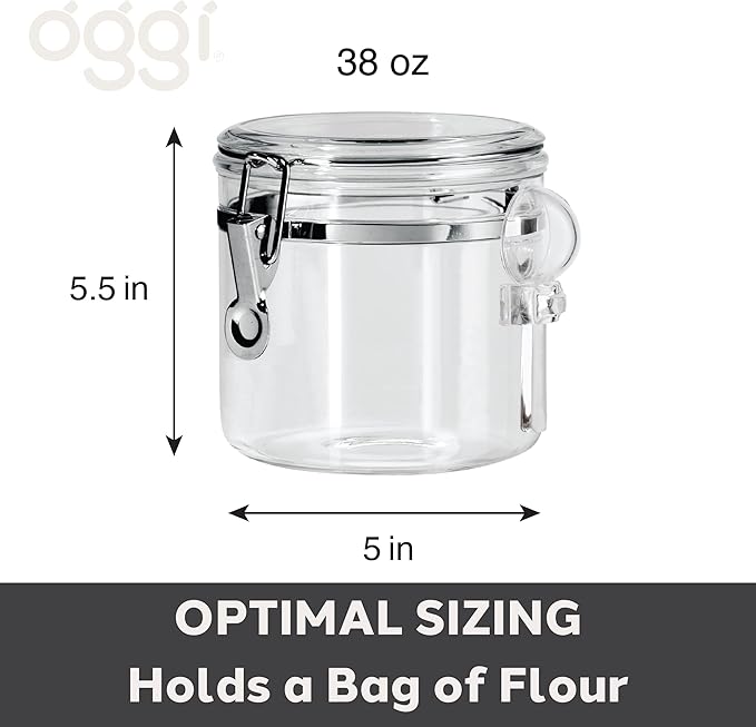 OGGI Clear Canister Airtight 38oz - Clamp Lid & Spoon - Airtight Food Storage Containers, Ideal for Kitchen & Pantry Storage of Bulk, Dry Food Including Flour, Sugar, Coffee, Rice, Tea, Spices & Herbs