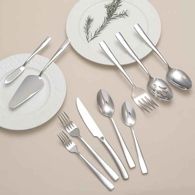 Large Hostess Serving Utensils Set, Stainless Steel Heavy Duty Serving spoons, Slotted Spoons, Serving Fork, Cake Server, Butter Knife, Dishwasher Safe (Silver)