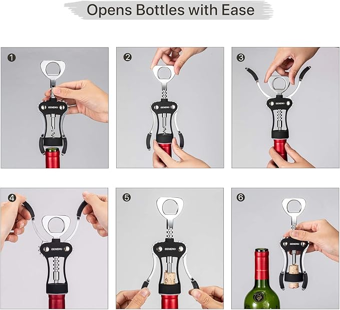 Beneno Wine Opener with Stainless Steel Wine Foil Cutter - Bottle Top Seal Cutter, Zinc Alloy Premium Wing Corkscrew with Multifunctional Bottles Opener, Upgrade Black Set