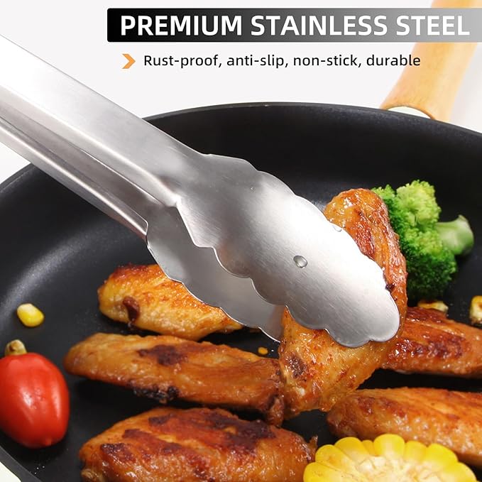 NileHome Tongs for Cooking, Professional Stainless Steel Cooking Tongs – Heat-Resistant for Grilling, BBQ, Serving Salad, Pasta, and Kitchen Use, Dishwasher Safe, Set of 9" 12", Silver