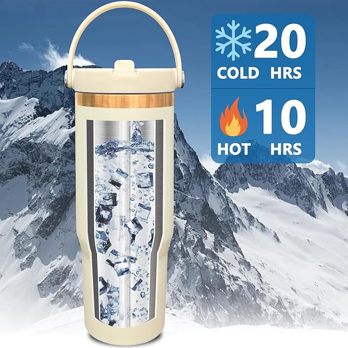 30 oz Tumbler Bulk with Handle and Straw, Vacuum Insulated Tumblers with Flip Straw and Top Handle, Leakproof Powder Coated Tumbler, Stainless Steel Travel Mug for Coffee Water (Cream, 8 Pack)