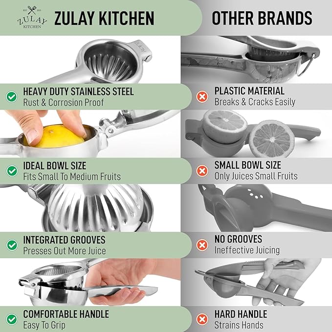 Zulay Kitchen Lemon Squeezer Stainless Steel with Premium Quality Heavy Duty Solid Metal Squeezer Bowl - Large Manual Citrus Press Juicer and Lime Squeezer Stainless Steel - Silver