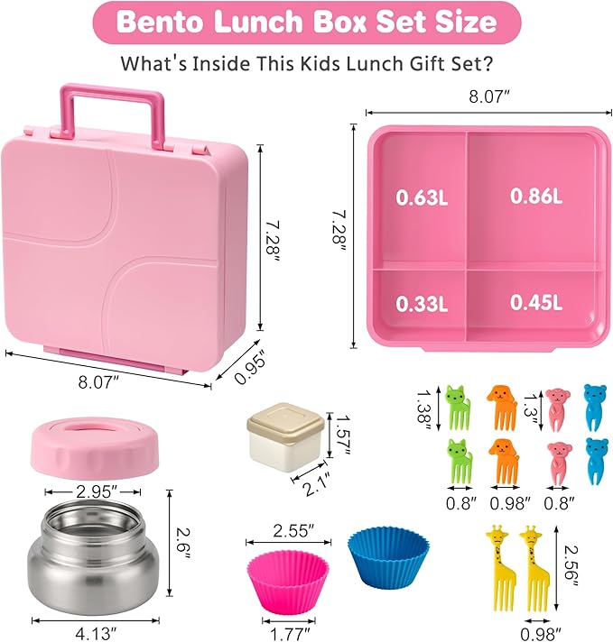 Bento Lunch Box with 9.5 oz Soup Thermo, Kids Leakproof 4 Compartments Bento Box with Silicone Cupcake,Fruit Fork,Spoon and Sauce Cup,Insulated Food Jar for School Travel-Pink