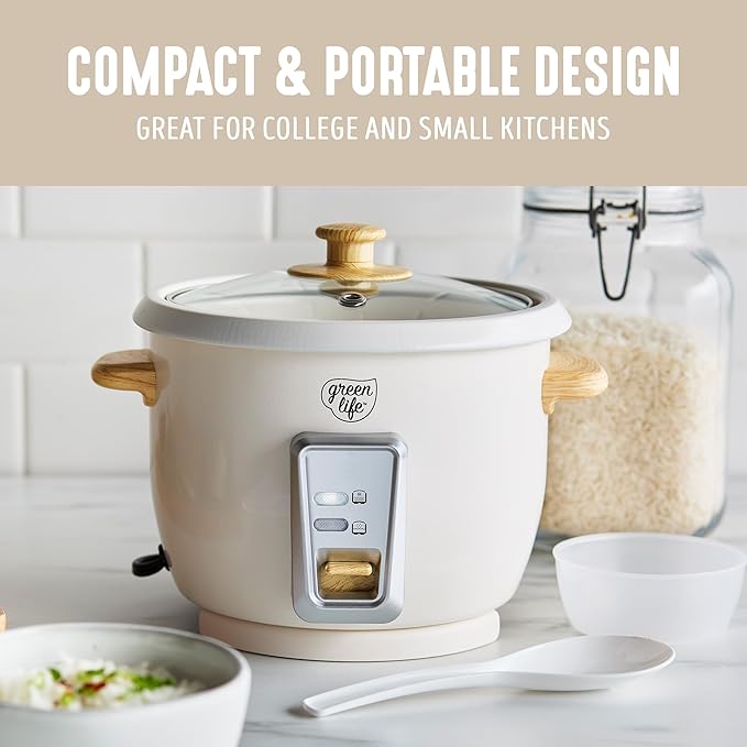 GreenLife Rice Cooker with Removable PFAS-Free Ceramic Nonstick Pot, 3-Cups Uncooked/6-Cups Cooked, Grains & Oatmeal Multicooker, Compact One-Switch Design, Auto Keep Warm, Easy Clean, Cream