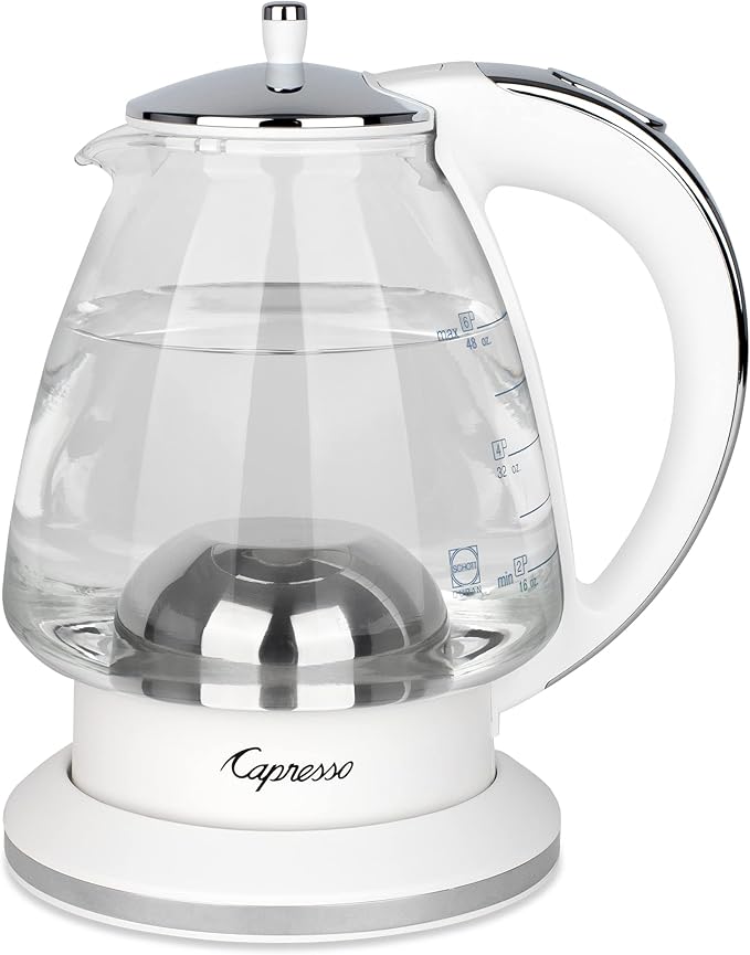 Capresso H2O Glass Kettle, 240.02, White and polished chrome, 48 ounces