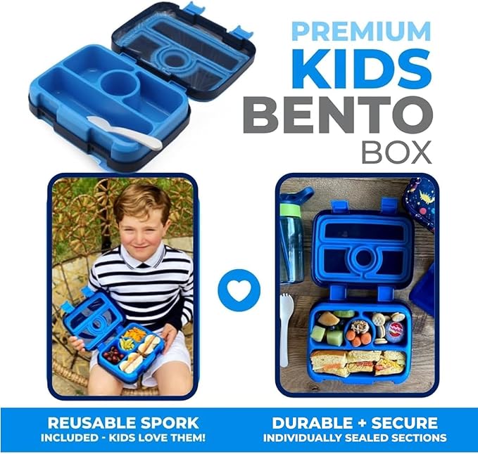 Kids Lunch Box - Bento Box for Boys Toddler Daycare, 4 Portion Sections with Lid, Snack Container Pre-School Kid Lunches Toddlers Removable Tray BPA Free, 3+ Years Old, Blue Rocket Dinosaur