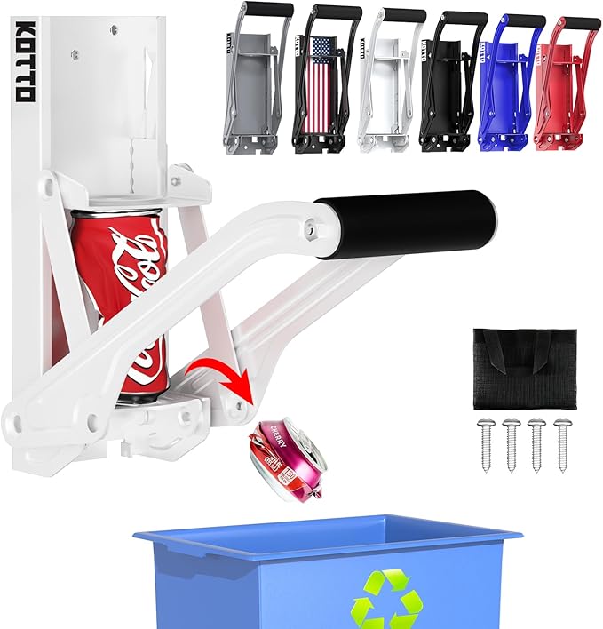 Kotto Can Crusher - Wall Mounted Can Crushers for Recycling - with Auto-Drop System -Built-in Bottle Opener-Crushes 8-16oz Cans-Includes Kitchen Storage Bag-Heavy Duty Can Crusher for Home Use-White