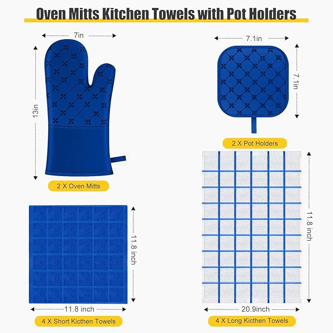 Oven Mitts Kitchen Towels Dishcloths with Pot Holders Sets, Dish Towels Sets, Oven Gloves Pot Pads Heat Resistant 500 Degrees with Non-Slip Silicone Surface for Cooking Baking Grilling-Royal Blue
