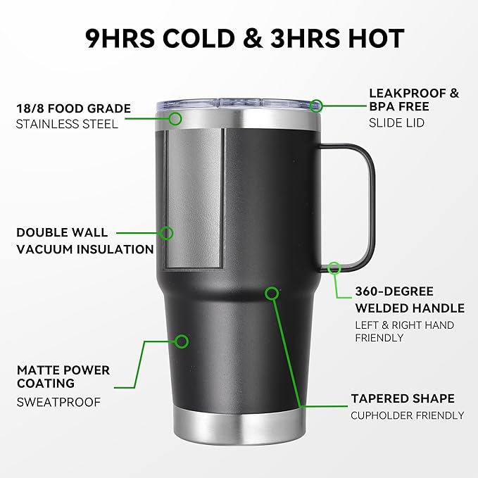 20 oz Stainless Steel Tumbler with Handle Bulk Metal Insulated Tumblers Travel Coffee Mug with Handle Double Wall Tumbler Cup with Lid and Straw, Black 6 Pack