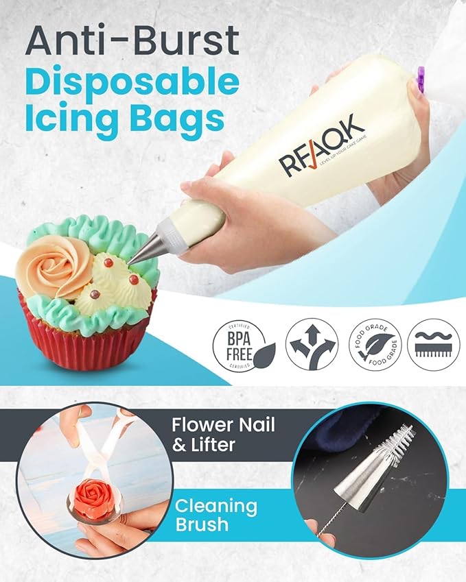 RFAQK 74 PCs Icing Piping Bags and Tips Set, Cake Decorating Kit with 48-Numbered Piping Tips, Anti Burst Pastry Bags for Cookie Cupcake Cake Decoration, Cake Decorating Tips Set with Booklet & E-book