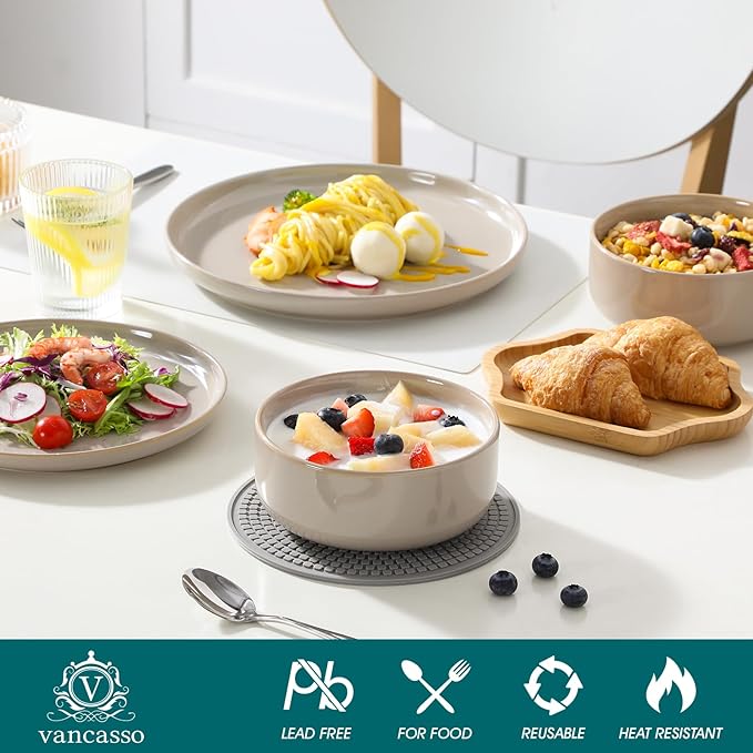 vancasso PLAYA Plates and Bowls Sets,12 Pieces Grey Dinnerware Sets for Kitchen,Reactive Glaze Dishes Set for 4,Dishwasher and Microwave Safe