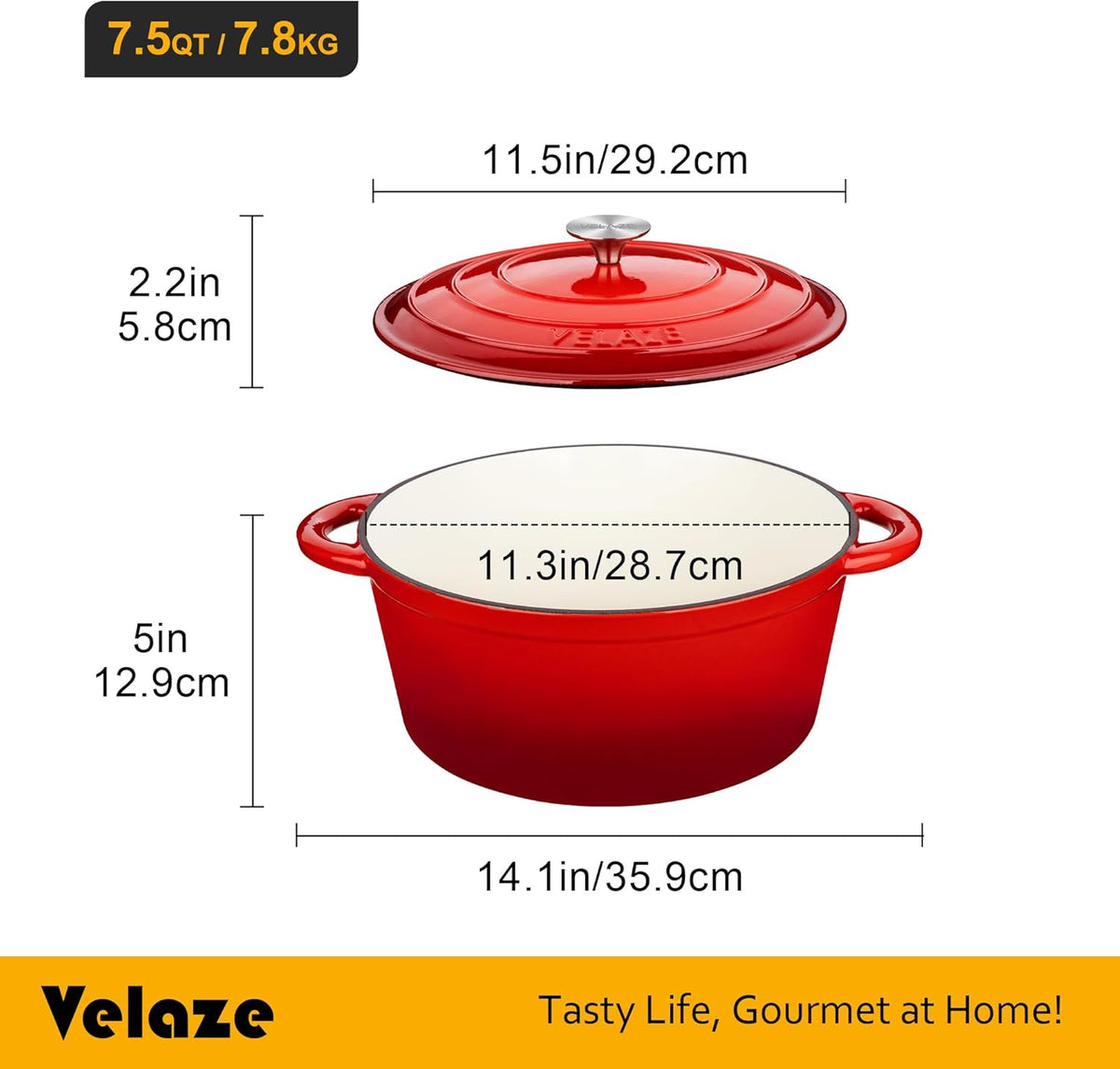 Velaze 7.5 QT Dutch Oven Pot with Lid, Enameled Cast Iron Dutch Oven with Dual Handles for Sourdough Bread Baking, Cooking, Non-stick Enamel Coated Cookware (RED)