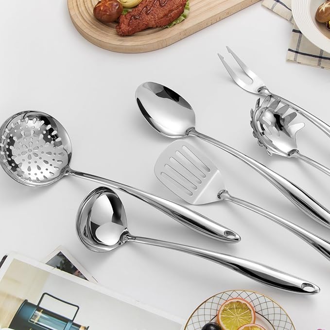 304 Stainless Steel Kitchen Utensils Set, 6 Pcs Long Metal Cooking Utensil with Spatula, Solid Spoon, Ladle, Skimmer, Spaghetti Spoon, Meat Fork, Dishwasher Safe
